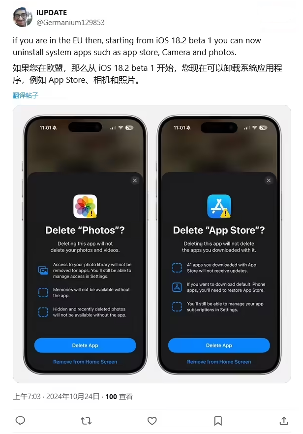 沙嘴街道苹果手机维修分享iOS 18.2 支持删除 App Store 应用商店 