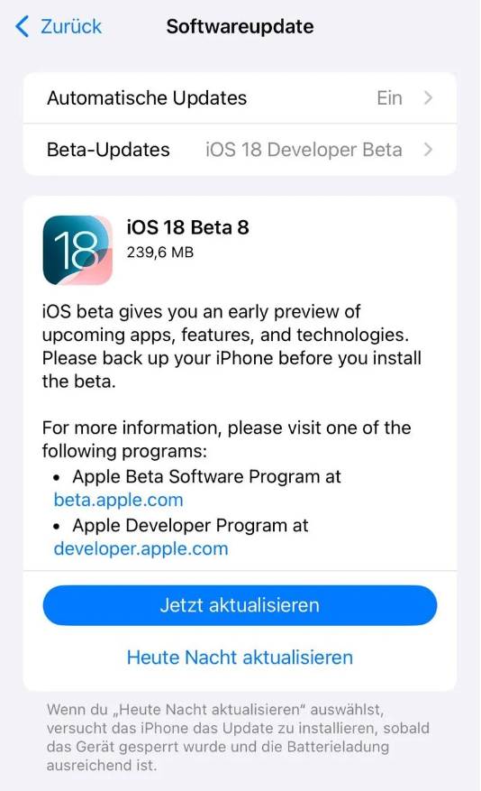 沙嘴街道苹果手机维修分享苹果 iOS / iPadOS 18 开发者预览版 Beta 8 发布 